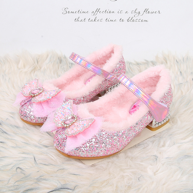 Zapatos de tacón alto para niños zapatos de princesa Aisha forrados de lana de invierno Nuevos zapatos de algodón para niñas zapatos de felpa para bebés zapatos de cuero para niñas