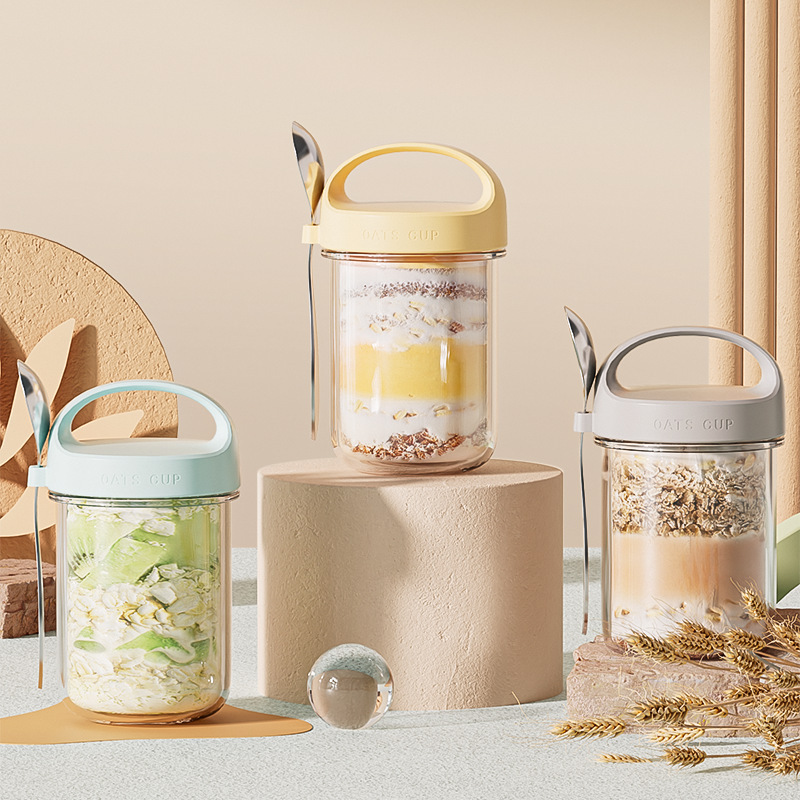 Breakfast Cup Glass Large Mouth Sealed Jar Overnight Oatmeal Cup Milkshake Cup Glass Cup with Spoon Cereal Cup Yogurt Cup