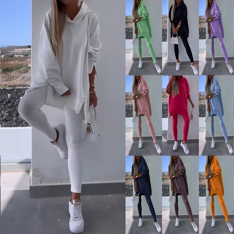European and American Cross-Border Women's Sports and Leisure Suits with Slits, Autumn and Winter Pure Color Hooded Sweatshirts and Leggings Two-Piece Sets for Women