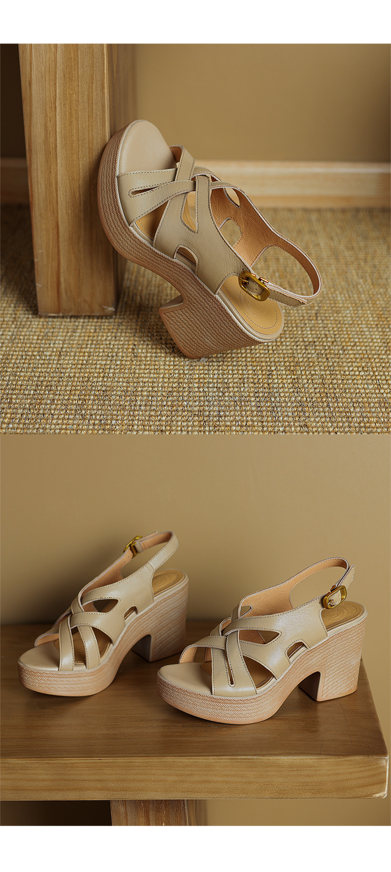 Sandal cao gót nữ quai ngang đế dày da cừu phong cách La Mã — Màu trắng be chi tiết 18