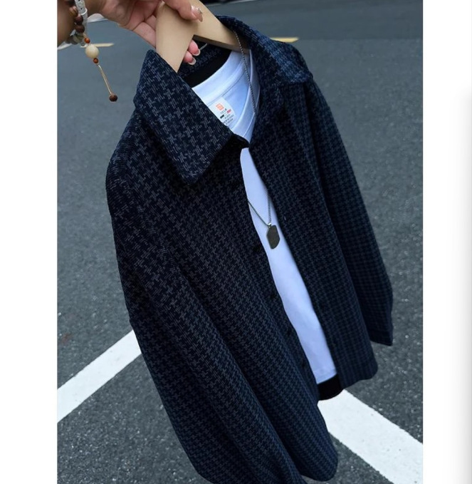 Haze blue textured shirt, men's autumn design, subtle patterned jacquard knit cardigan shirt, couple's outfit, jacket Haze blue textured shirt, men's autumn design, subtle patterned jacquard knit cardigan shirt, couple's outfit, jacket