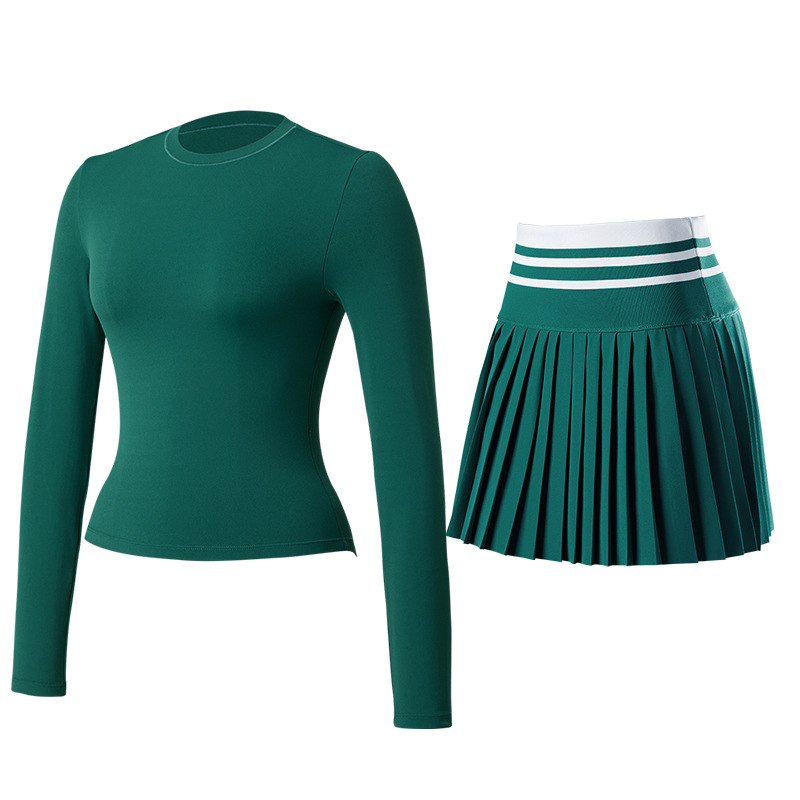 Trajes deportivos, trajes de yoga cortos, mangas largas, falda de tenis elástica, secado rápido, delgado, abdomen cerrado, conjunto de camisas de ejercicio.