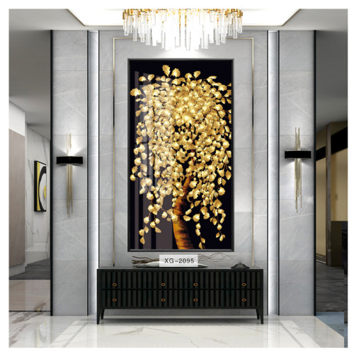 The money tree has a good meaning. Entrance hall decoration painting. Light luxury and wealth. Gold tree corridor aisle mural. Diamond-encrusted crystal porcelain painting.