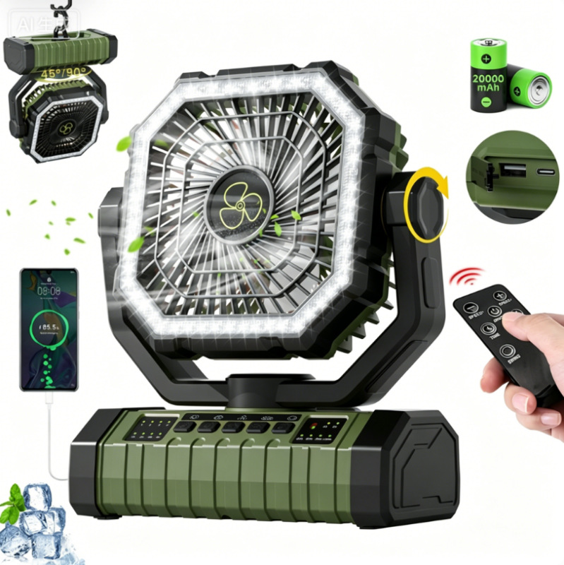 Ventilador Portátil con Luz para Camping Recargable con Control Remoto para Pesca Nocturna