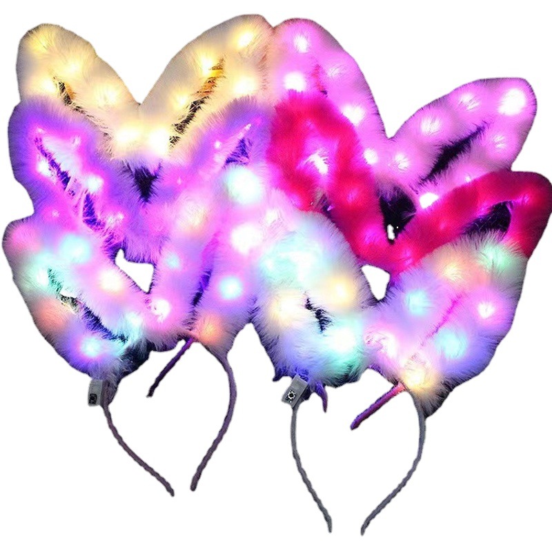 Music Performance Bar Festival Glitter Feather Sombrero de felpa con lámpara Diadema de oreja de conejo Fiesta de empresa Sombrero de fiesta