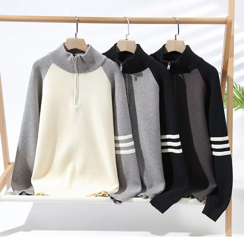 Semia cremallera tres barras a rayas camiseta de punto suéter hombre cuello perezoso alto otoño invierno suéter fábrica transfronteriza al por mayor image 3