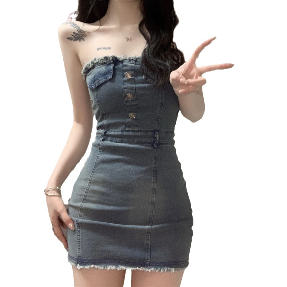 루즈 데님 원피스 여성 봄 달콤한 쿨 스타일 레트로 슬림 핏 스트랩리스 스커트 프라이드 스트리트 힙합 스커트 오프 숄더