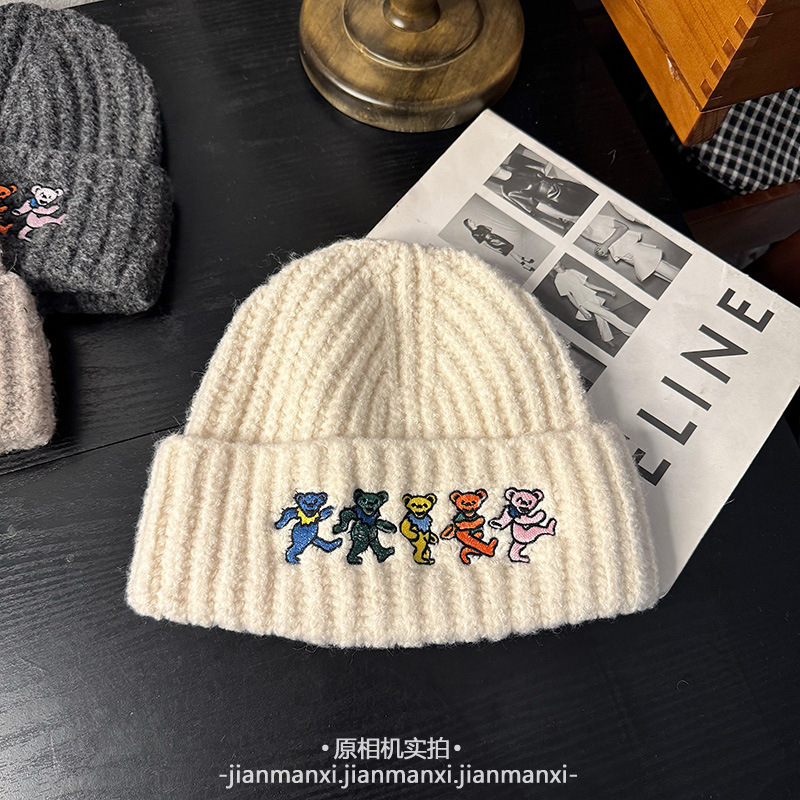 拼色针织小熊毛线帽子女款秋冬韩版韩国减龄保暖防寒护耳套头帽潮|undefined