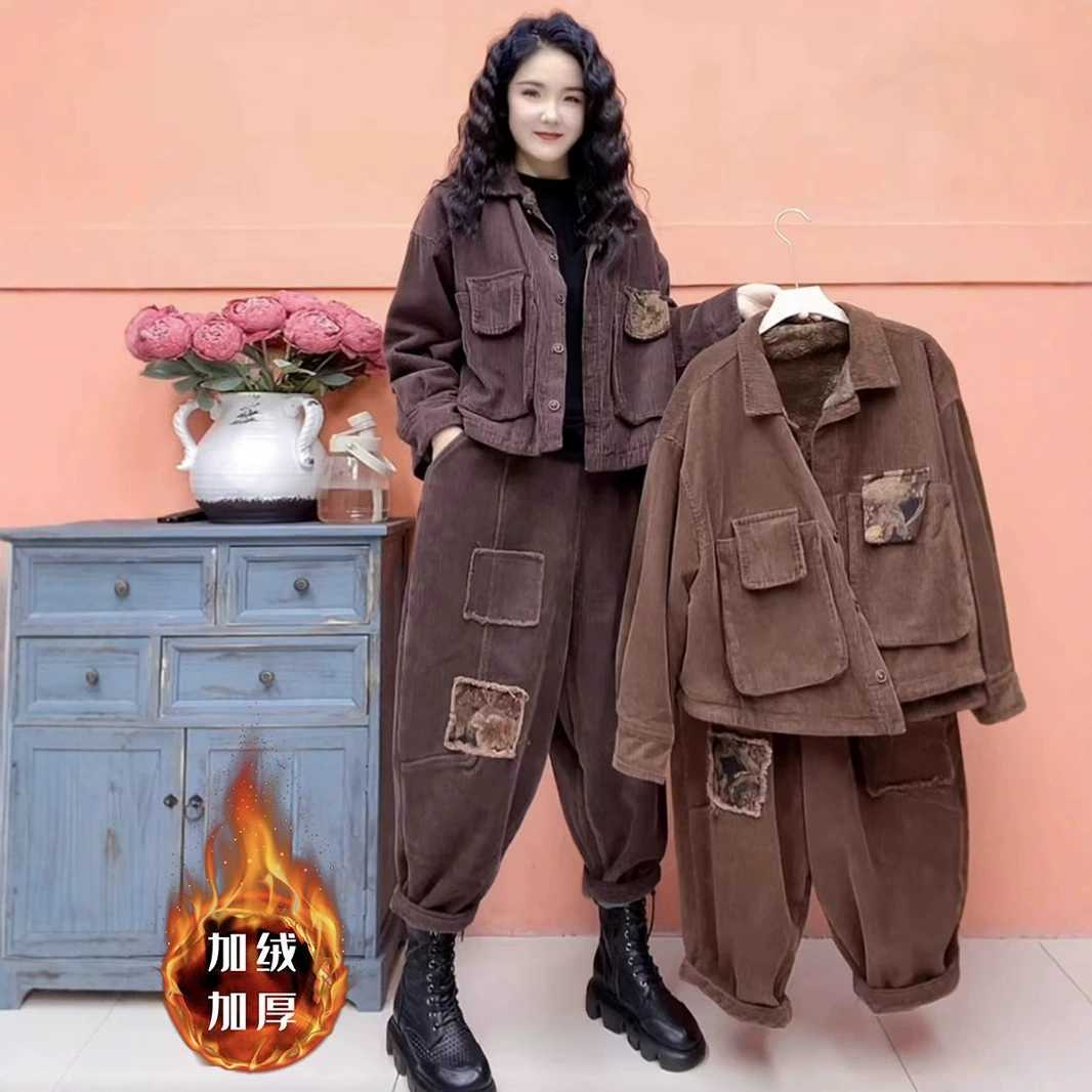 Плюшевый толстый вельветовый набор для женской наружной одежды теплый осенний и зимний стиль высокого класса ретро стиль короткие пиджаки