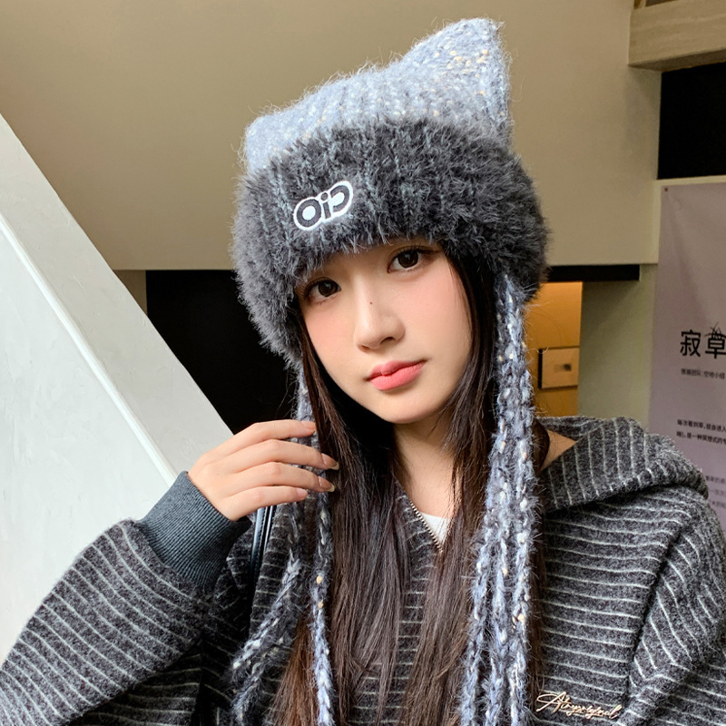 冬天帽子女粗毛线飘带针织帽字母刺绣护耳保暖帽韩系撞色款毛线帽|undefined