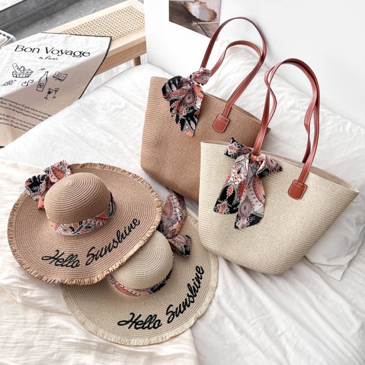 Ensemble chapeau de paille style Hepburn pour les vacances, élégant et polyvalent pour des vacances à la mer, protection solaire et pare-soleil, grand sac fourre-tout_voghion.com