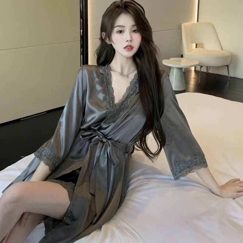 Lace ice-feeling silky nightgown home wear autumn thin sexy cross-section strap pajamas nightdress two-piece set