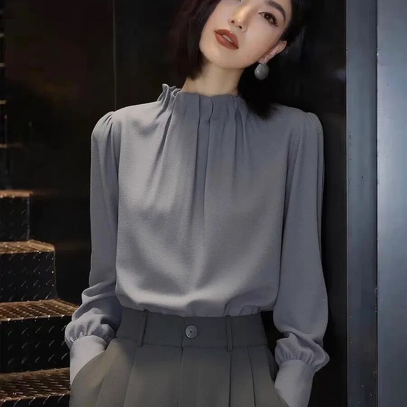 Gray stand-up collar shirt 2026 spring and autumn new French style elegant long-sleeve lace blouse top Gray stand-up collar shirt 2026 spring and autumn new French style elegant long-sleeve lace blouse top