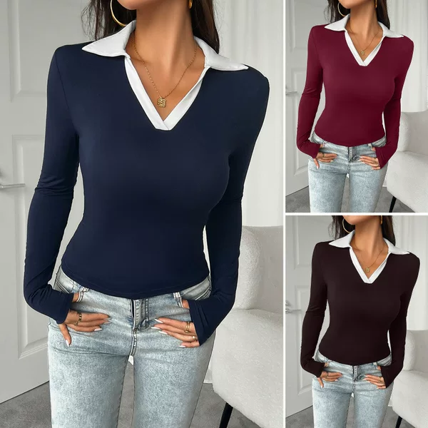 2025 Autumn and Winter European and American Cross-Border Women's Clothing Elegant Slim Fit Buttonless Polo Collar Knitted V-Neck Tops for Women