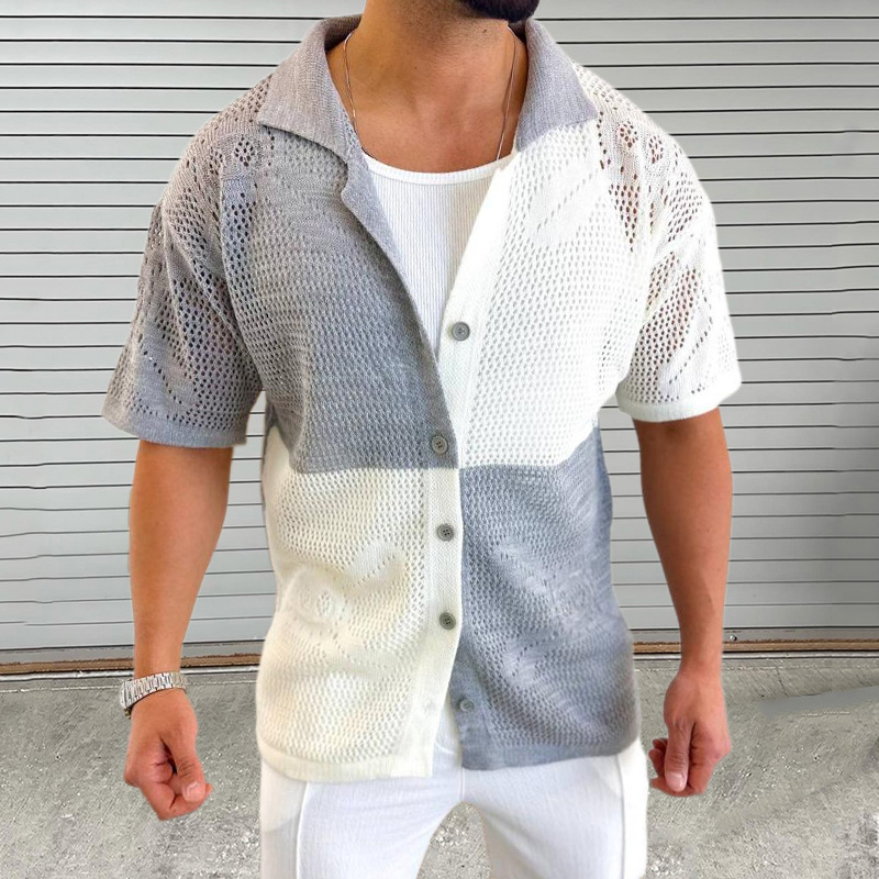Color Block Hollow Knit Sweater Turn-Down-Kragen Kurzarm-Cardigan Dünn Sommer Muscle Plus Size Herrenbekleidung_voghion.com
