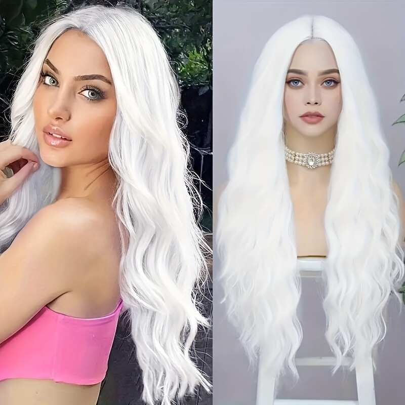 Women's White Long Wavy Wig 26inch Heat-Resistant Synthetic Hair with Natural Appearance, Fiber Wig Women's White Long Wavy Wig 26inch Heat-Resistant Synthetic Hair with Natural Appearance, Fiber Wig