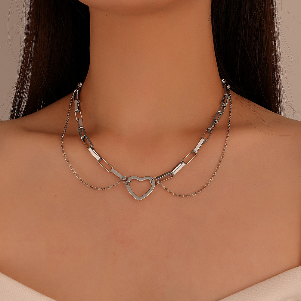 Stainless Steel Double Layer Necklace Minimalist Heart Chain_voghion.com