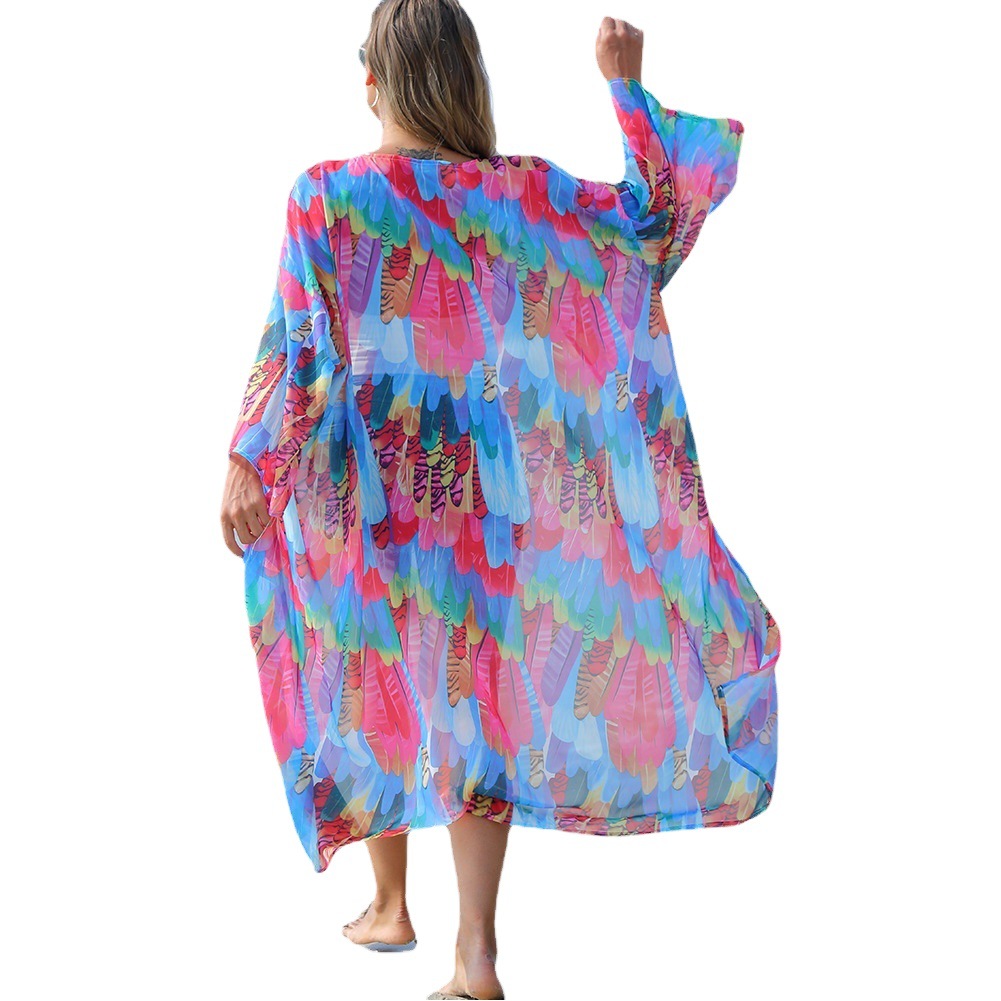 Blusa de playa europea y americana gasa impresa suelta vacaciones protector solar cardigan bikini blusa traje de baño chaqueta XF11