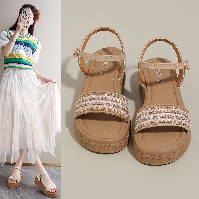 Fashionable casual ethnic woven sandals platform with a strap wedge…