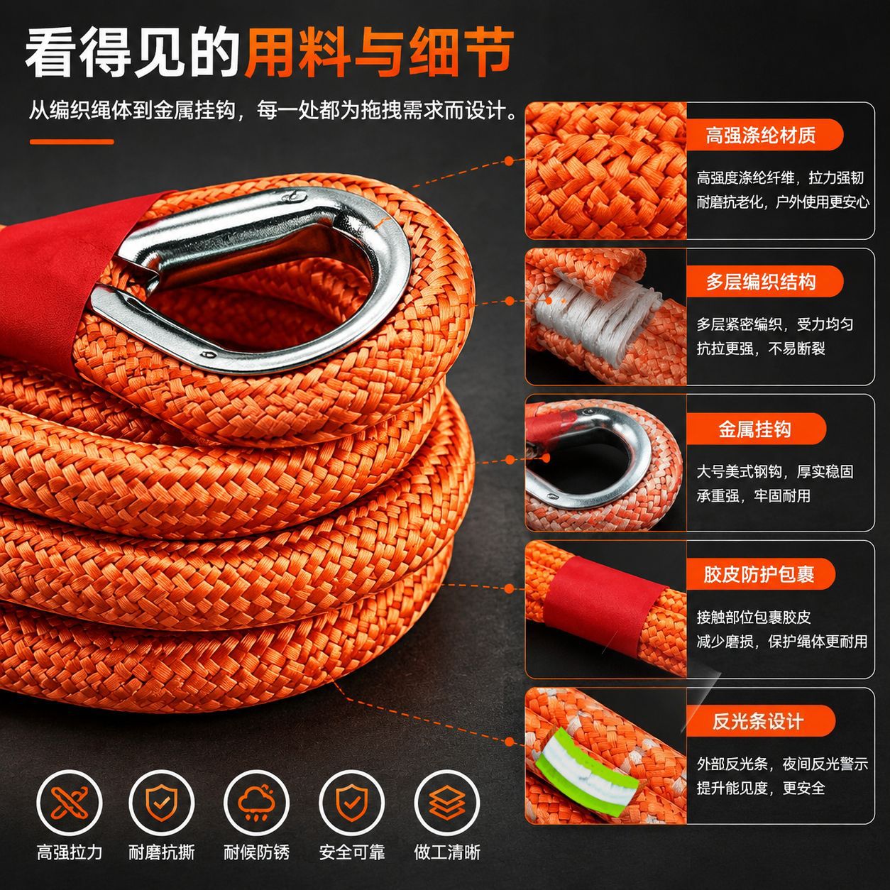 Cross-Border Custom-Made Off-Road Anti-Collision Car Rescue Towing Rope, 35-Ton Towing Rope, Thickened and Durable Towing Rope