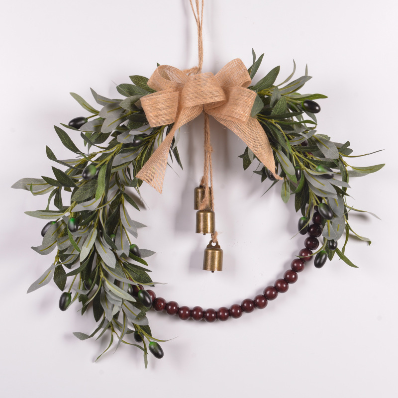 Artificial Olive Leaf Bead Wreath Home Decoration Front Door Hanging Ornament Vintage Wooden Bead Wreath with Bow and Bells Artificial Olive Leaf Bead Wreath Home Decoration Front Door Hanging Ornament Vintage Wooden Bead Wreath with Bow and Bells