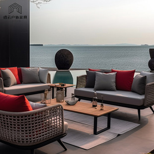 Nordic Style Outdoor Sofa Combination Patio Teak Rattan Sofa Outdoor Furniture Villa Outdoor Garden Rattan Sofa