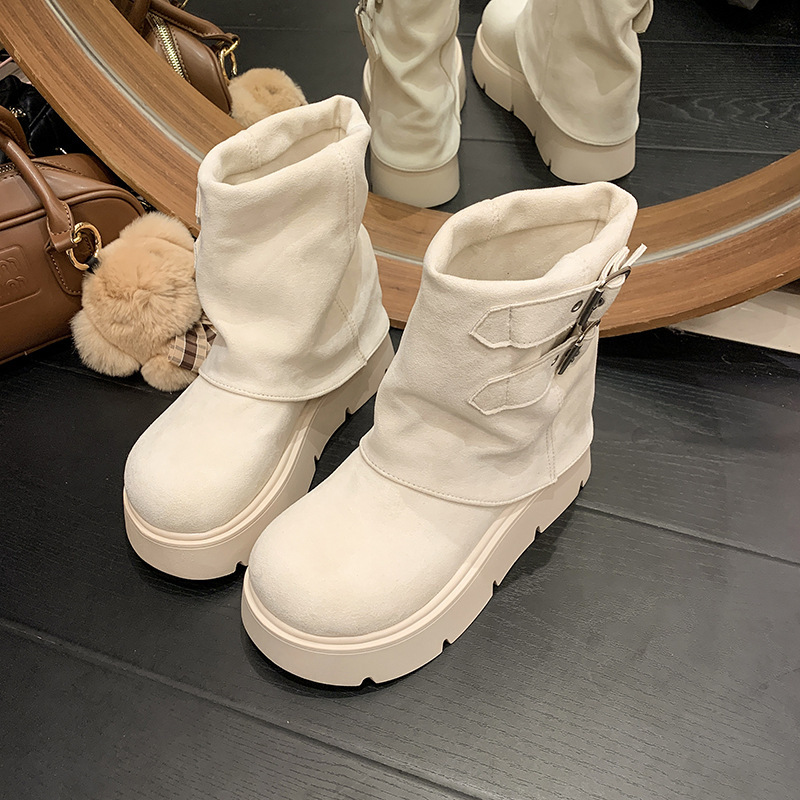 设计感英伦厚底骑士靴女秋冬季复古配裙子增高短筒靴马丁靴牛仔靴|undefined