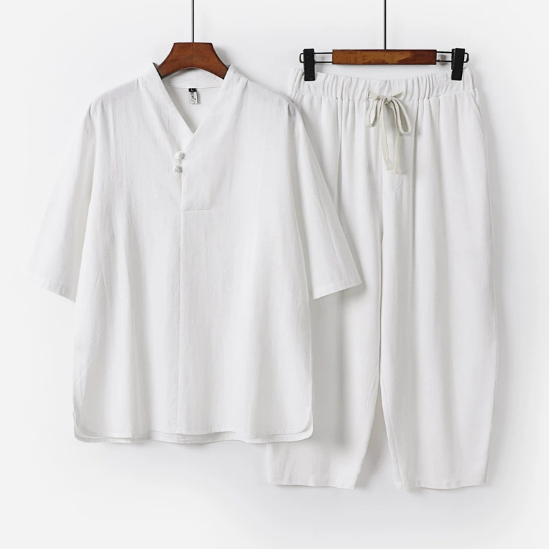 Мужской весенне-летний костюм из хлопка и льна в китайском стиле, футболка с v-образным вырезом, льняная футболка, мужские брюки с короткими рукавами и девятью точками, комплект из двух предметов для мужчин