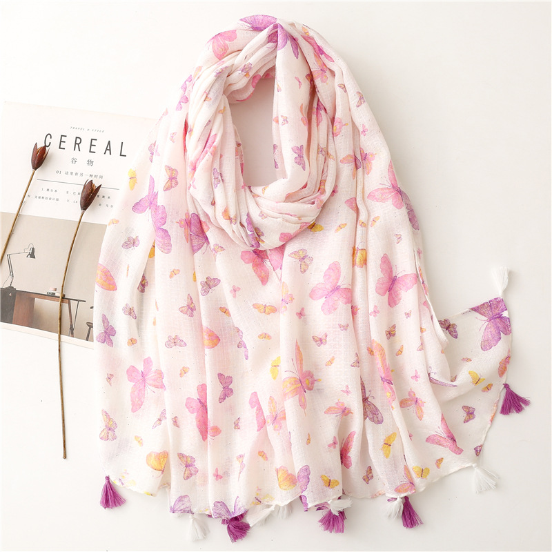 Fashion Scarf Pink Butterfly Sprinkle Gold Powder Tassel Scarf Shawl display picture 1