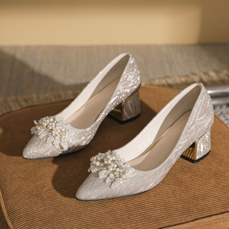 plus size wedding shoes 41-43 golden feet wide thick heel champagne wedding high heels small size single shoes women's flowers autumn