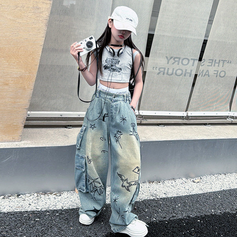 Girls' Doodle Jeans Summer Thin Children's Summer Loose Straight Leg Pants for Older Children Work Pants