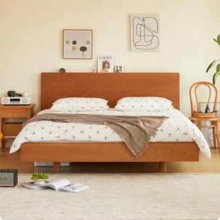 Hal Cherry Wood Suspension Bed Nordic Solid Wood Bed Simple Style 1.5 m Japanese Log 1.8 m Bedroom Double Bed