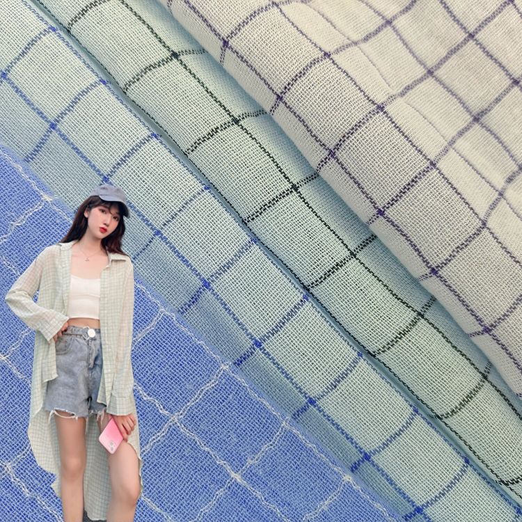 春夏色系浅色人棉格 砂洗工艺轻质色织布衬衫防晒服 休闲服面料