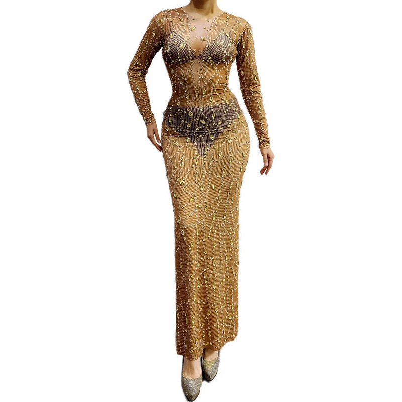 Gc Diamond Long Dress Birthday Outfit Sexy See-Through Golden Diamond Long Plus-Size Evening Gown Party Masquerade