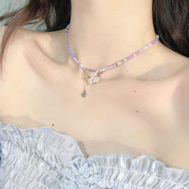月下铃兰~法式水晶紫色串珠花朵项链流苏爱心锁骨链小众choker