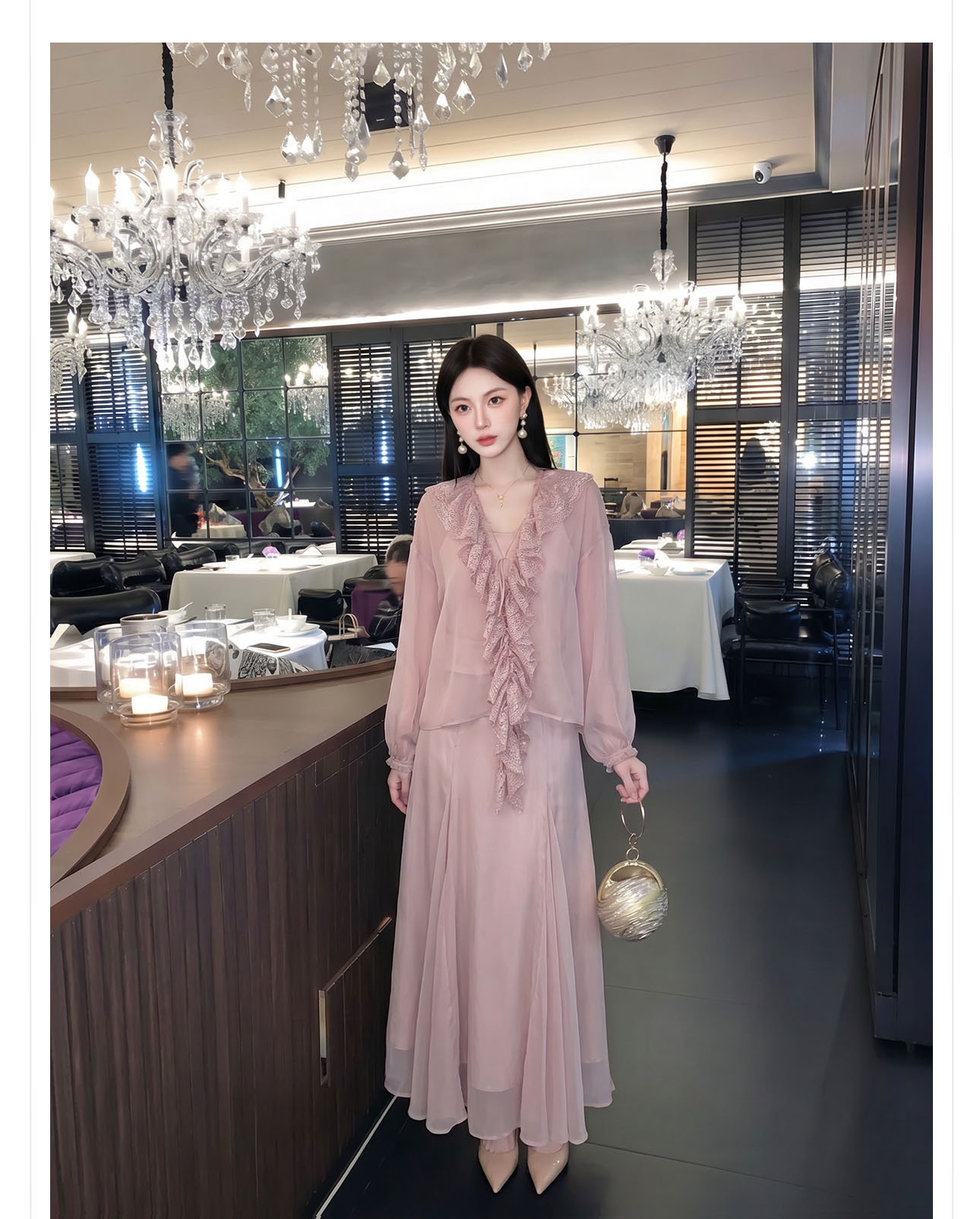 Bộ váy áo sơ mi nữ tay bèo ren + chân váy chữ A xòe phong cách tân cổ điển — Trang chủ, bộ đồ, nửa váy chi tiết 9