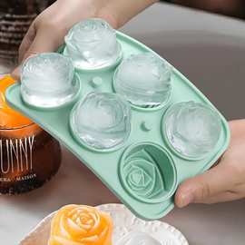 硅胶冰格6格玫瑰花制冰盒洒吧家用食品级易脱模冰块模具