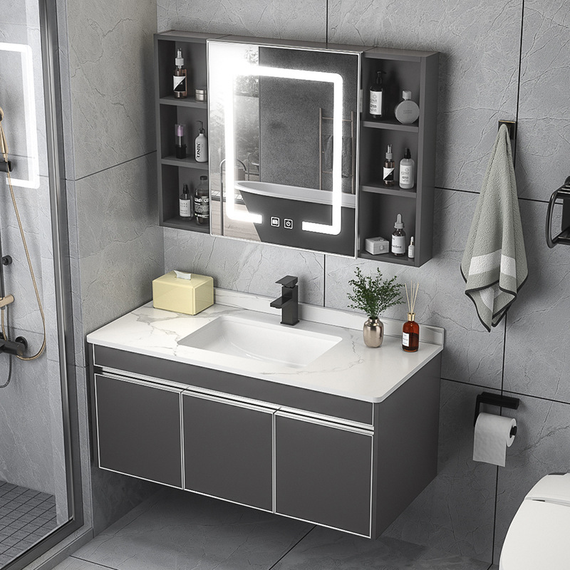 Stainless Steel Bathroom Cabinet Set with Smart Mirror Cabinet, Washbasin, Modern Style Ceramic Integrated Basin, Wall-Mounted Stainless Steel Bathroom Cabinet Set with Smart Mirror Cabinet, Washbasin, Modern Style Ceramic Integrated Basin, Wall-Mounted