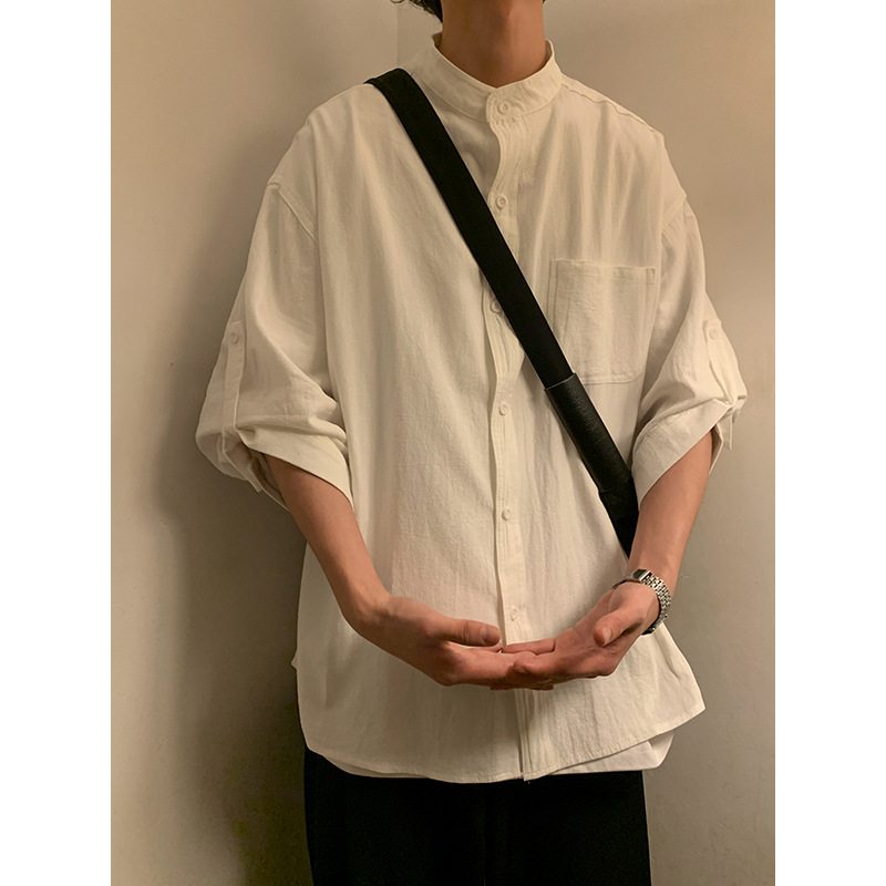 7日系复古棉麻衬衫男七分袖休闲夏季亚麻衬衣短袖新中式白色无领