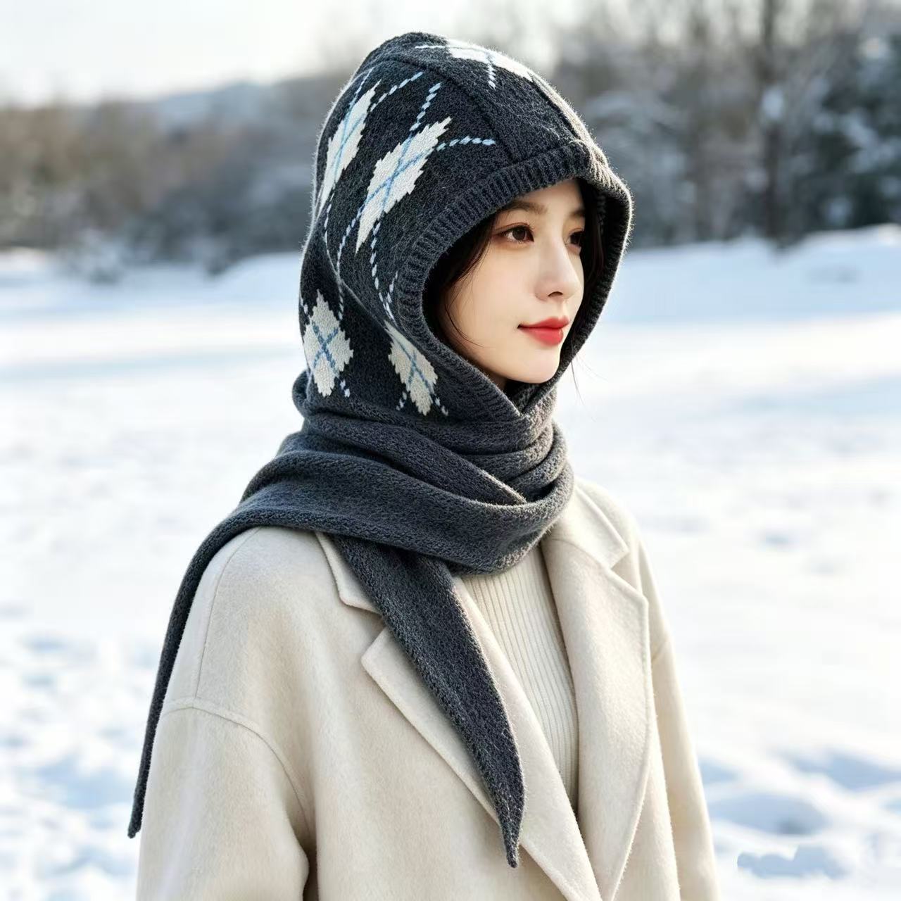 Knitted diamond-patterned shawl hat and scarf for women, autumn and winter, Korean style, thickened, long, warm, student fashion, trendy