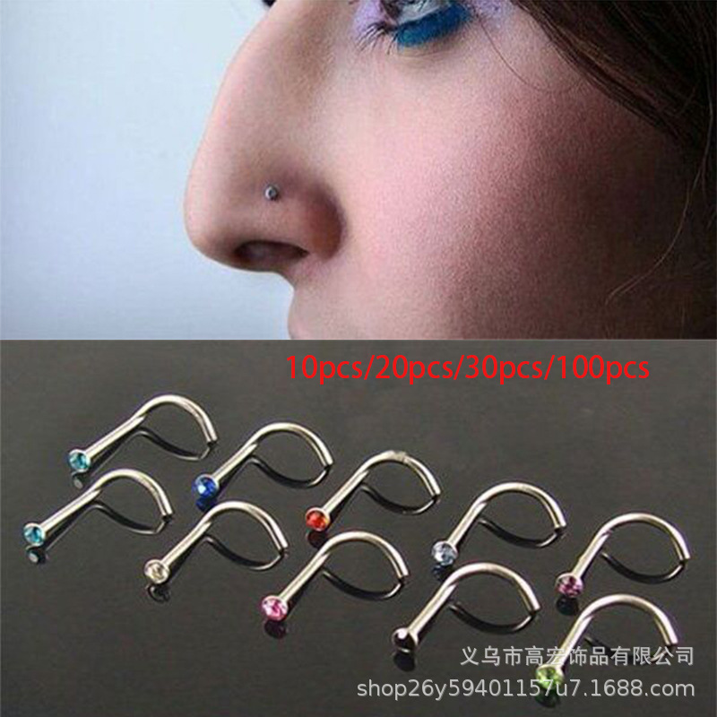 10色一包 欧美时尚镶钻鼻环 不锈钢弯鼻钉 跨境热销人体穿刺饰品-阿里巴巴