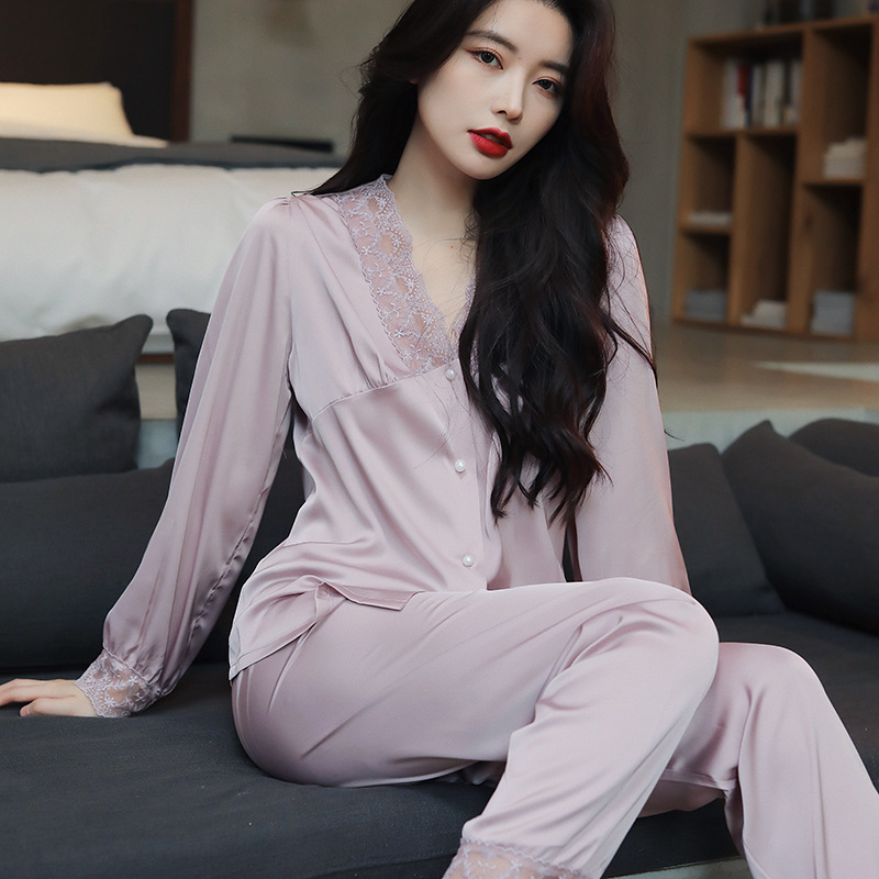 프랑스 스타일 여성용 잠옷 봄과 가을과 여름 아이스 실크 얇은 인기 인터넷 인기있는 긴 소매 가정복 라이브 방송