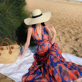 实拍夏季新款V领印花连衣裙高腰露蛋糕裙背沙滩度假长裙