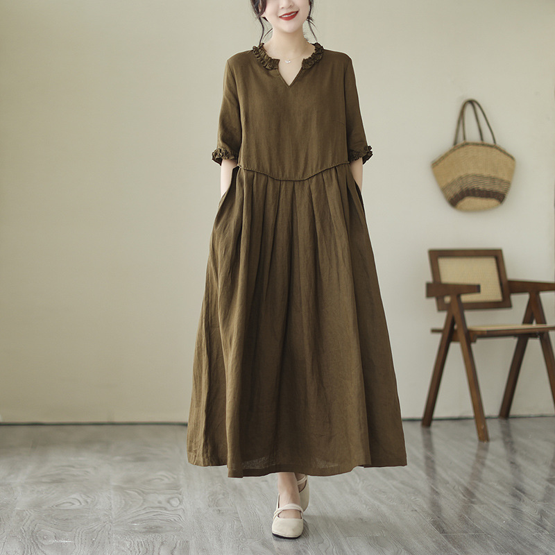 夏装棉麻连衣裙女遮肚子肉宽松大码胖mm亚麻裙子2025新款外贸货源