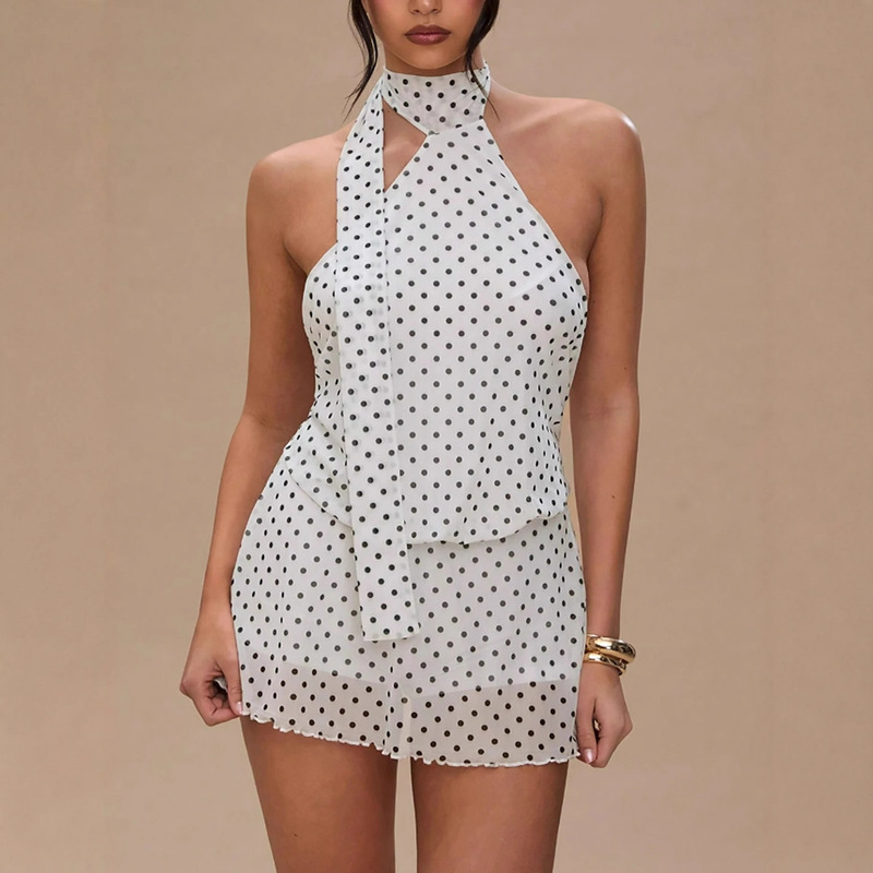 2026 European and American Cross-Border Style Women's Polka Dot Sleeveless Halter Neck Waist-Cinching Dress Sexy Backless Mini Mesh Dress 2026 European and American Cross-Border Style Women's Polka Dot Sleeveless Halter Neck Waist-Cinching Dress Sexy Backless Mini Mesh Dress