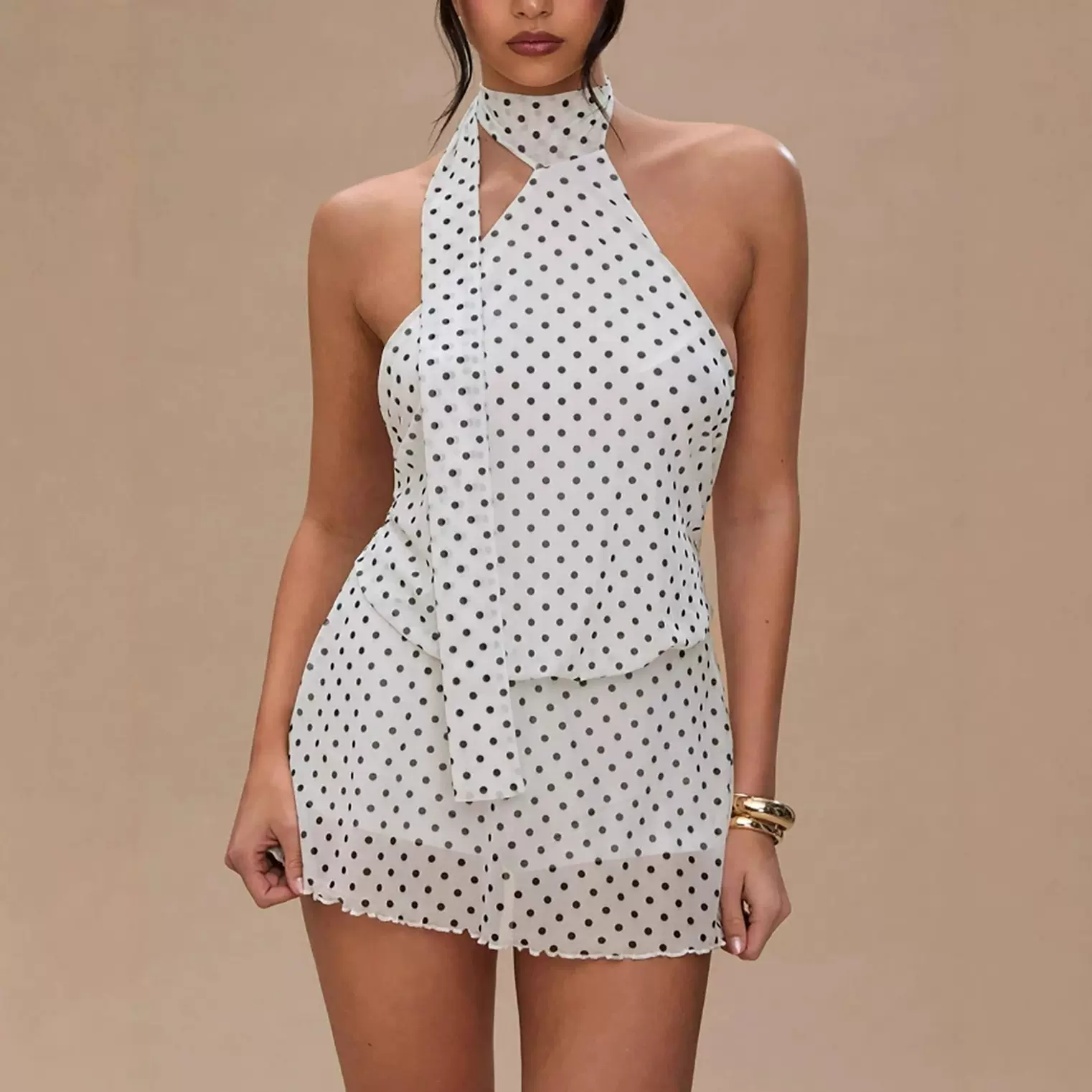 2026欧美跨境气质女装波点无袖挂脖收腰连衣裙性感露背迷你网纱裙