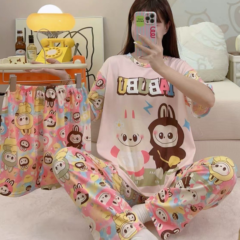 Pijamas de verano transfronterizos pijamas de leche de seda de tres piezas set de dibujos animados comercio exterior ropa para el hogar pantalones de mangas cortas lindos
