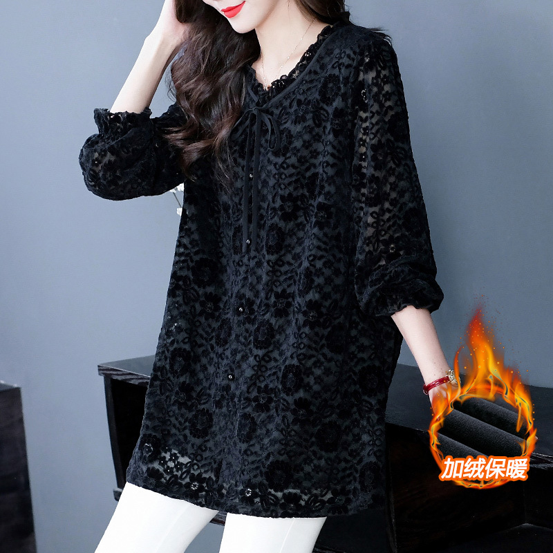 Spring and autumn new lace open sleeve long sleeve plus velvet large size loose base small shirt top mother middle-aged and elderly women's wear