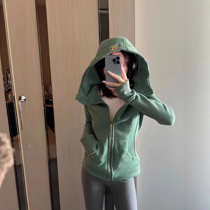 Lulu's Same Style Scuba Slim Hooded Sweatshirt Sports Casual Waist Slimming Look Fleece-Lined Warm Full Zipper Jacket