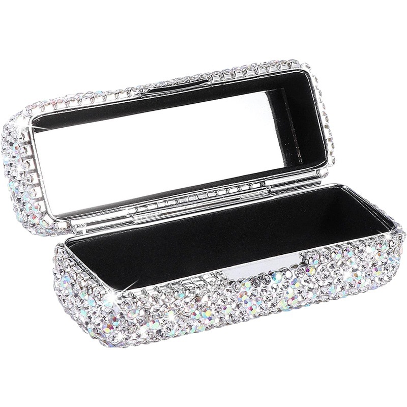 Caja de lápiz labial individual de metal con incrustaciones de diamantes, caja de lápiz labial con espejo, caja de almacenamiento de lápiz labial de viaje portátil